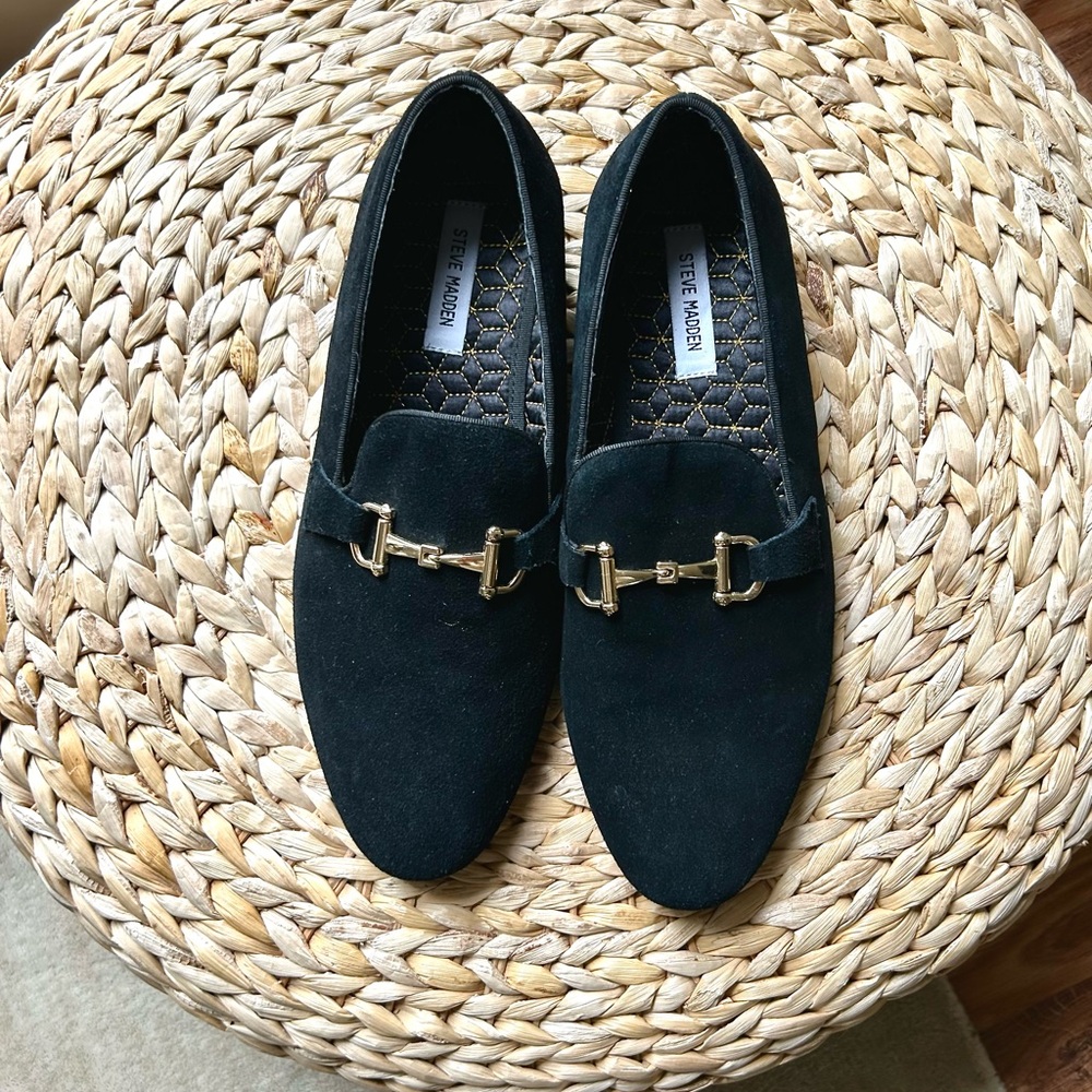 Steve Madden Black Suede Loafers with Gold Bit Vintage wedding Real leather